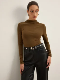 Discount Mock Neck Asymmetical Pleated Top T-shirts