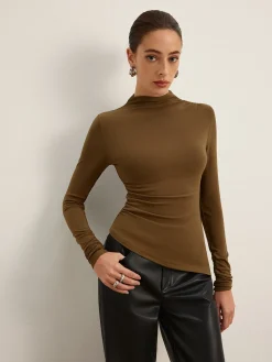 Discount Mock Neck Asymmetical Pleated Top T-shirts