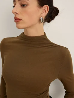 Discount Mock Neck Asymmetical Pleated Top T-shirts