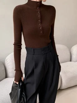 New Mock Neck Breasted Slim Sweater Sweater Tops|Sweaters & Cardigans