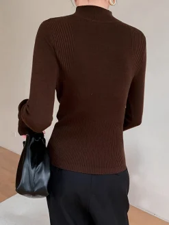 New Mock Neck Breasted Slim Sweater Sweater Tops|Sweaters & Cardigans