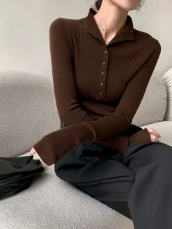 New Mock Neck Breasted Slim Sweater Sweater Tops|Sweaters & Cardigans