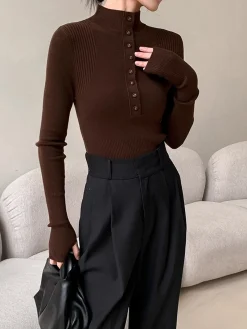 New Mock Neck Breasted Slim Sweater Sweater Tops|Sweaters & Cardigans