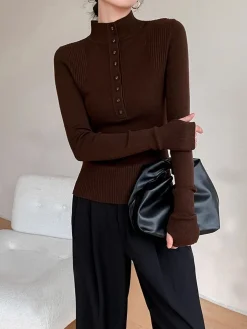 New Mock Neck Breasted Slim Sweater Sweater Tops|Sweaters & Cardigans