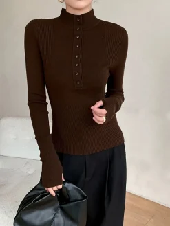 New Mock Neck Breasted Slim Sweater Sweater Tops|Sweaters & Cardigans