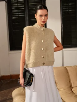 Sale Mock Neck Button Fuzzy Vest Outerwear|Vests