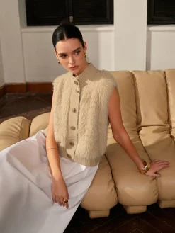 Sale Mock Neck Button Fuzzy Vest Outerwear|Vests