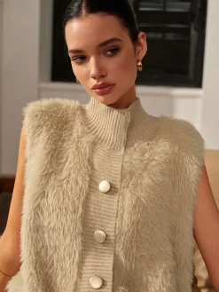 Sale Mock Neck Button Fuzzy Vest Outerwear|Vests