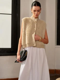 Sale Mock Neck Button Fuzzy Vest Outerwear|Vests