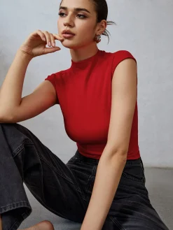 Online Mock Neck Cap Sleeve T-Shirt T-shirts|Tops
