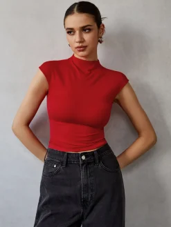 Online Mock Neck Cap Sleeve T-Shirt T-shirts|Tops
