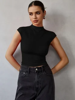 Online Mock Neck Cap Sleeve T-Shirt T-shirts|Tops