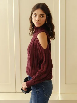 Best Mock Neck Cold-Shoulder Knit Top Sweater Tops|Sweaters & Cardigans