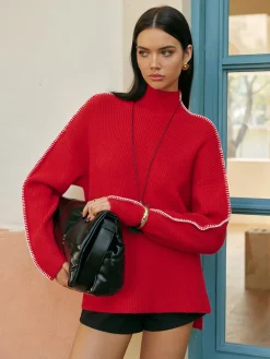 Online Mock Neck Contrast Binding Split Sweater Knitwear|Tops