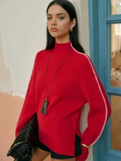 Online Mock Neck Contrast Binding Split Sweater Knitwear|Tops