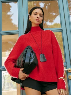 Online Mock Neck Contrast Binding Split Sweater Knitwear|Tops