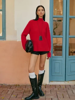 Online Mock Neck Contrast Binding Split Sweater Knitwear|Tops