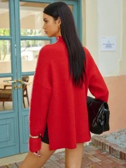 Online Mock Neck Contrast Binding Split Sweater Knitwear|Tops