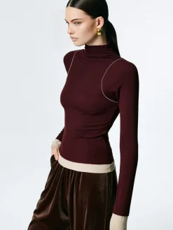 New Mock Neck Contrast Binding Jersey Top T-shirts|Tops