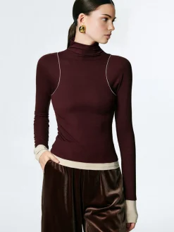 New Mock Neck Contrast Binding Jersey Top T-shirts|Tops