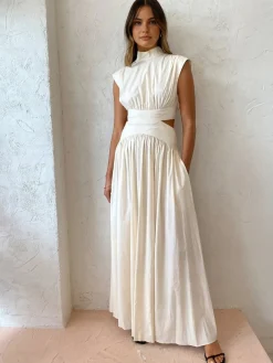 Clearance Mock Neck Cut Out Long Dress White Dresses|Black Dresses