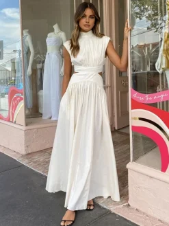 Clearance Mock Neck Cut Out Long Dress White Dresses|Black Dresses