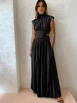 Clearance Mock Neck Cut Out Long Dress White Dresses|Black Dresses