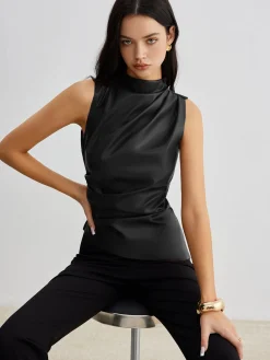 Sale Mock Neck Faux Leather Cinched Tank Top Tank Tops & Camis|Tops