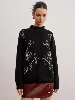 Clearance Mock Neck Floral Shift Sweater Sweater Tops|Sweaters & Cardigans
