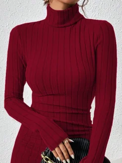 Discount Mock Neck Hip-Covering Ribbed Dress Casual Dresses|Work Dresses