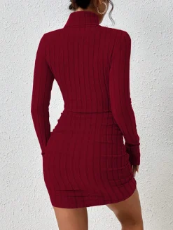 Discount Mock Neck Hip-Covering Ribbed Dress Casual Dresses|Work Dresses