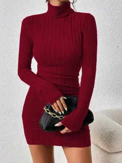 Discount Mock Neck Hip-Covering Ribbed Dress Casual Dresses|Work Dresses
