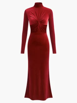 Mock Neck Knotted Velvet Dress Cocktail & Party Dresses|Long Dresses