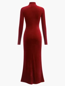 New Mock Neck Knotted Velvet Dress Cocktail & Party Dresses|Long Dresses
