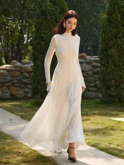 Discount Mock Neck Lace Flowy Long Dress Dresses