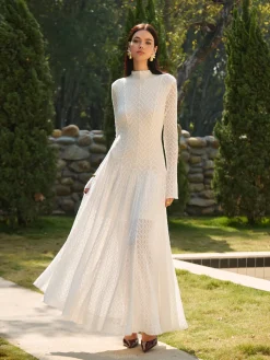 Discount Mock Neck Lace Flowy Long Dress Dresses