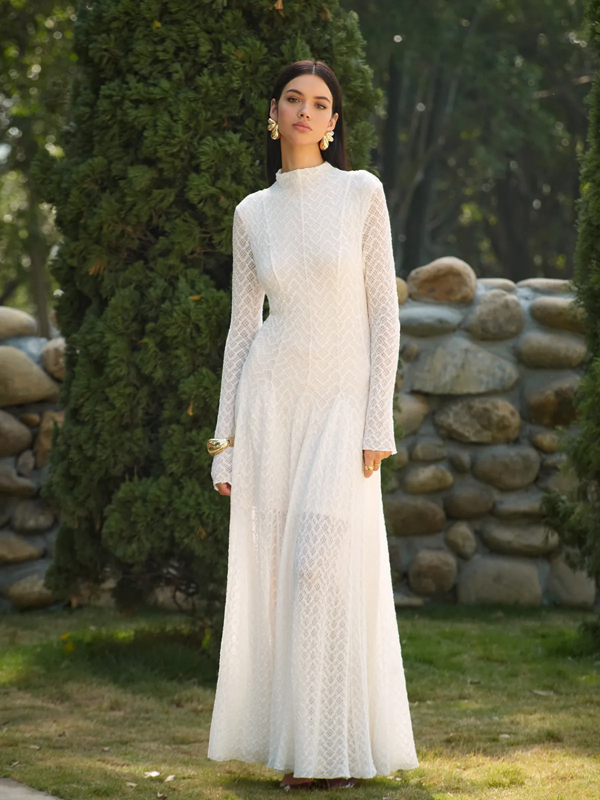Discount Mock Neck Lace Flowy Long Dress Dresses