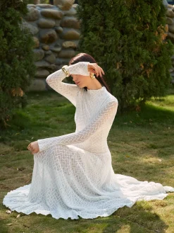 Discount Mock Neck Lace Flowy Long Dress Dresses
