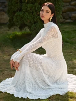 Discount Mock Neck Lace Flowy Long Dress Dresses