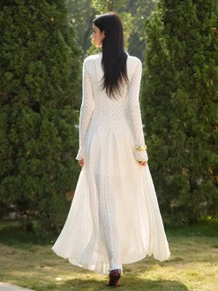 Discount Mock Neck Lace Flowy Long Dress Dresses