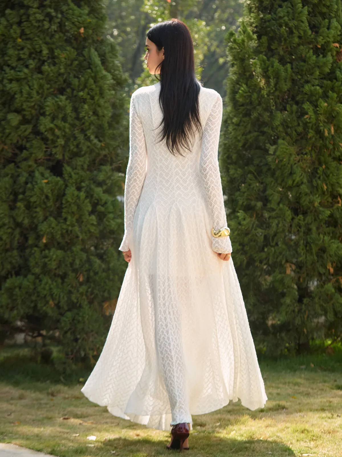 Discount Mock Neck Lace Flowy Long Dress Dresses