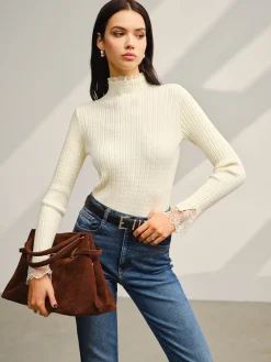 New Mock Neck Lace Trim Slim Sweater Sweater Tops|Sweaters & Cardigans
