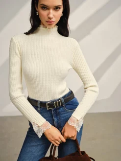 New Mock Neck Lace Trim Slim Sweater Sweater Tops|Sweaters & Cardigans