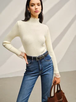 New Mock Neck Lace Trim Slim Sweater Sweater Tops|Sweaters & Cardigans
