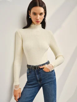New Mock Neck Lace Trim Slim Sweater Sweater Tops|Sweaters & Cardigans