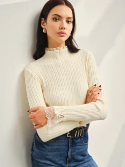 New Mock Neck Lace Trim Slim Sweater Sweater Tops|Sweaters & Cardigans