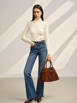 New Mock Neck Lace Trim Slim Sweater Sweater Tops|Sweaters & Cardigans