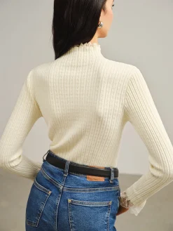 New Mock Neck Lace Trim Slim Sweater Sweater Tops|Sweaters & Cardigans