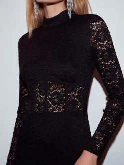 Discount Mock Neck Lace Zipper Dress Black Dresses|Casual Dresses