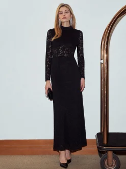 Discount Mock Neck Lace Zipper Dress Black Dresses|Casual Dresses